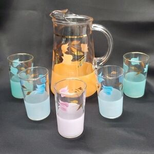Vtg Bartlett-Collins Frosted Pastel Colors Golden Tulip Pitcher& 5 Juice Glasses